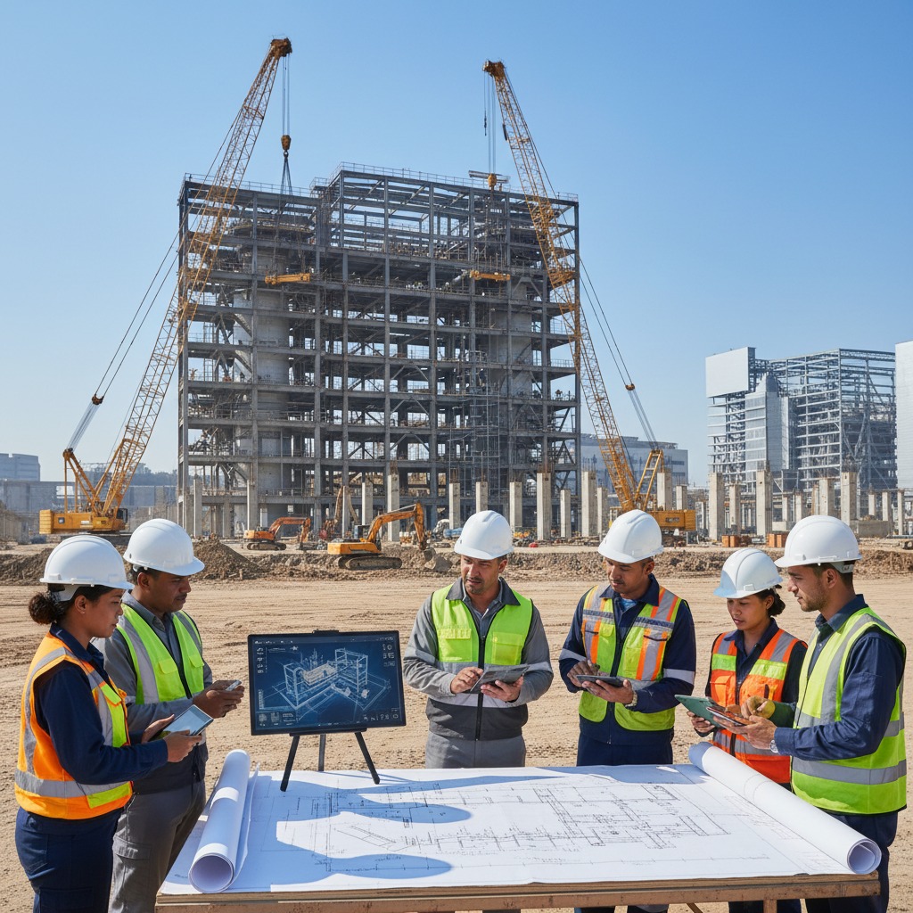 Six construction workers in hard hats and safety vests review blueprints and digital tablets at a job site with a large steel structure under construction in the background.
