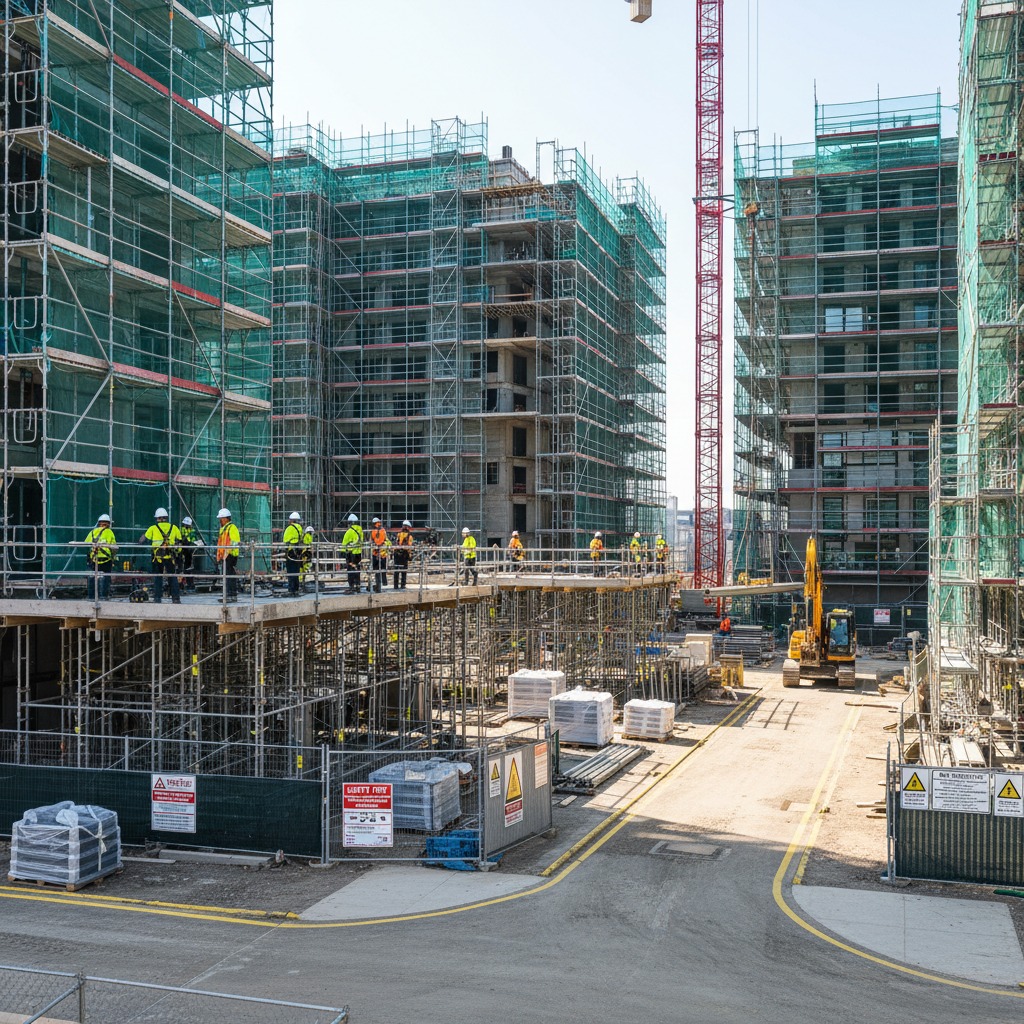 Several multi-story residential buildings under construction are surrounded by green scaffolding with workers on an elevated platform in the foreground.
