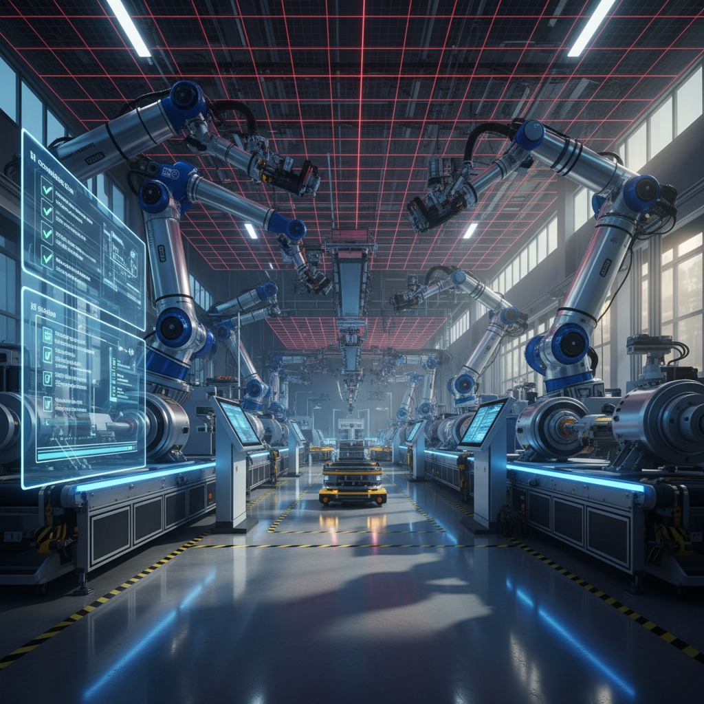 An advanced automated factory floor features robotic arms assembling products along illuminated conveyor belts under a glowing red grid ceiling.