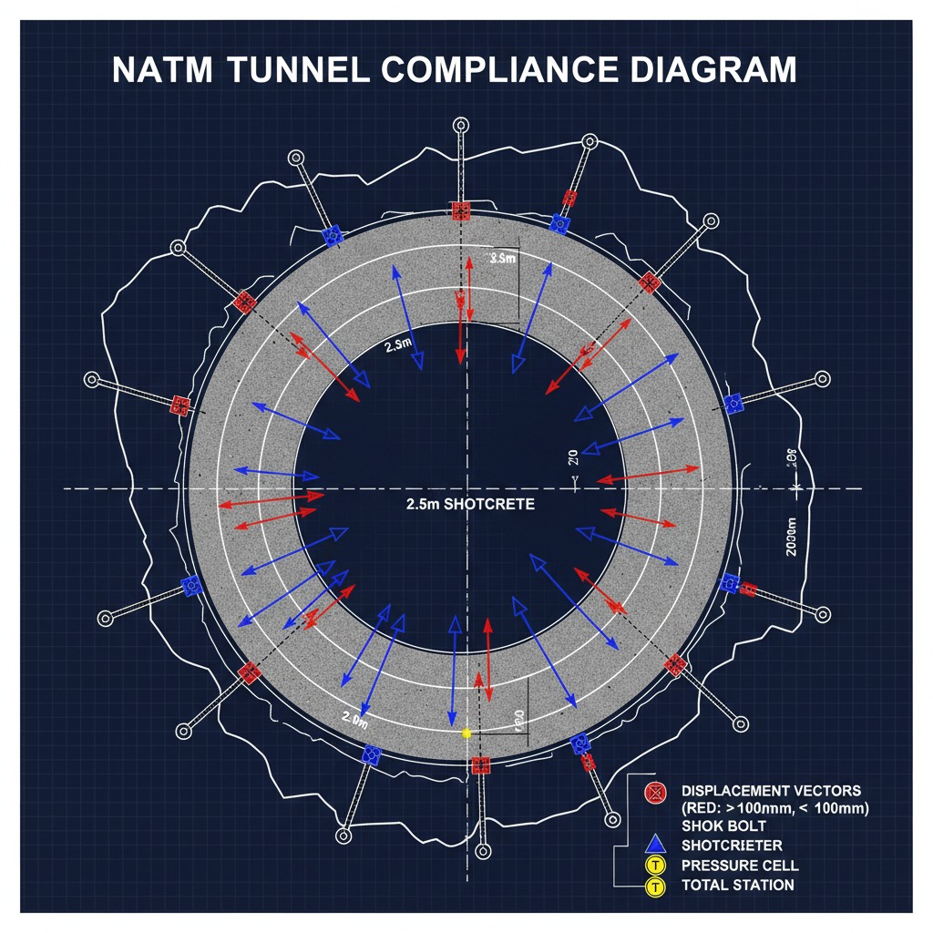 A technical diagram shows a circular cross-section of a tunnel with blue and red arrows indicating displacement vectors and various monitoring instruments labeled.