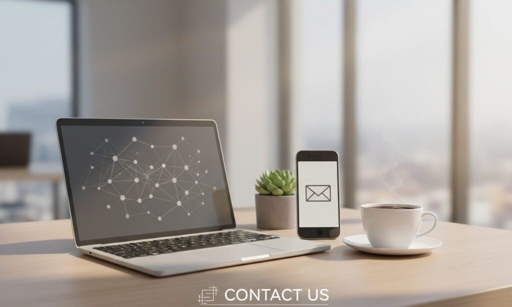 A laptop, smartphone displaying an email icon, succulent plant, and a steaming cup of coffee sit on a wooden desk near a large window, with a "Contact Us" graphic overlaid at the bottom.